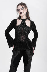 Black Halterneck Long Trumpet Sleeves Jacquard Embroidery Women's Gothic Blouse